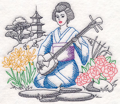Asian Etching - Geisha and Shamisen