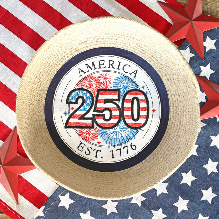 Machine embroidery 250th America design in a rope bowl on a decorative table setting