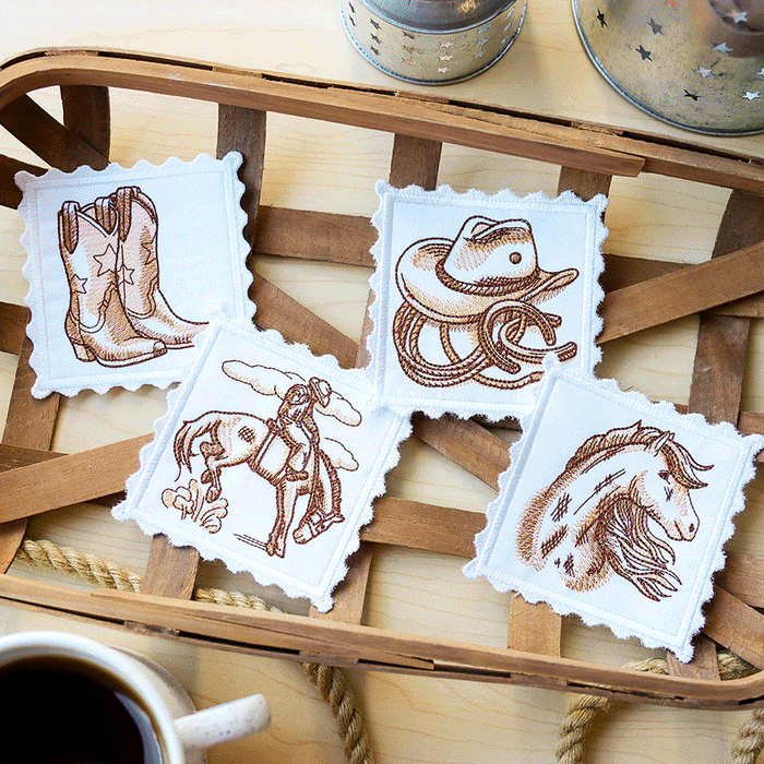 animated gif rotating through Nevada themed machine embroidery projects