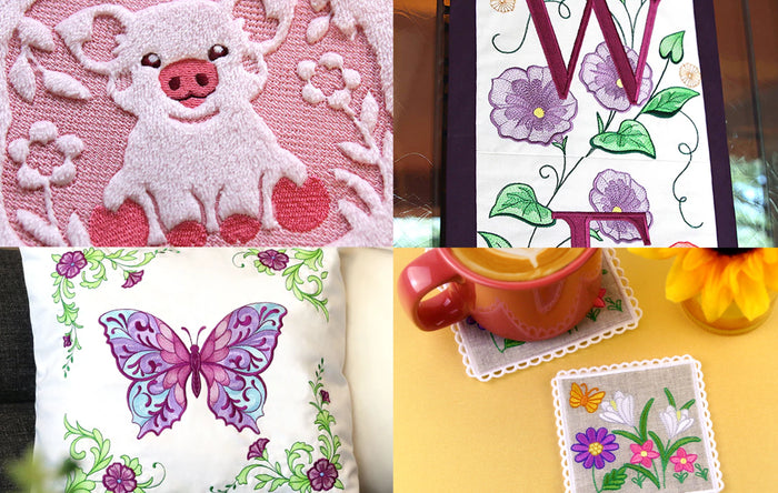 Collage of machine embroidered items including a pig, butterfly, in the hoop coasters, and floral designs.