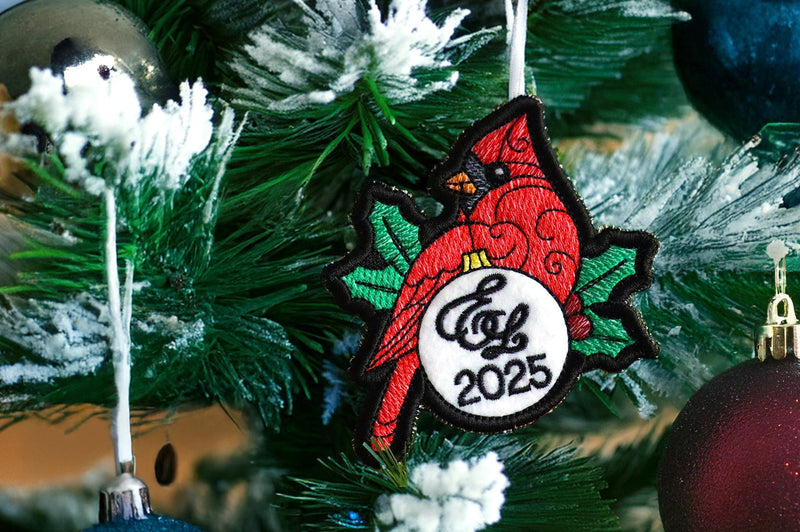 Machine embroidery 2025 cardinal collectible ornament hanging on a Christmas tree