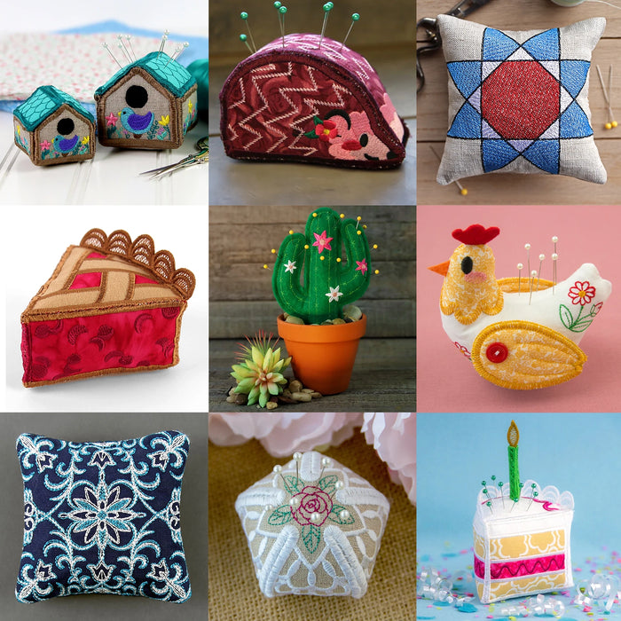 Collage of various machine embroidery pincushions including birdhouse, hedgehog, cake, chicken, and more.