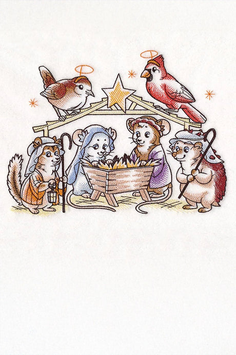 Machine embroidery design of a nativity scene featuring woodland animals.