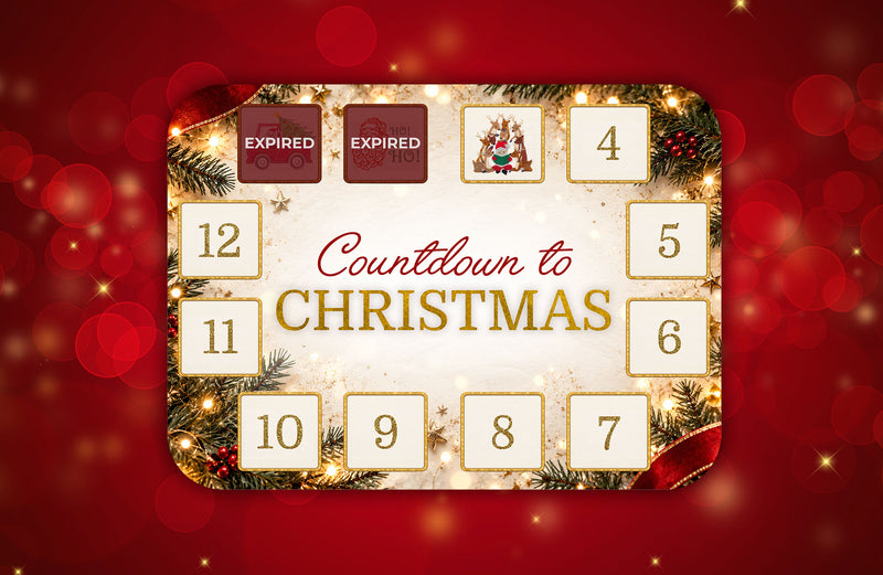 Christmas countdown calendar with numbers 4 to 12 in gold-bordered white squares, "Countdown to CHRISTMAS" text, pine branches, berries, stars, and festive illustrations.