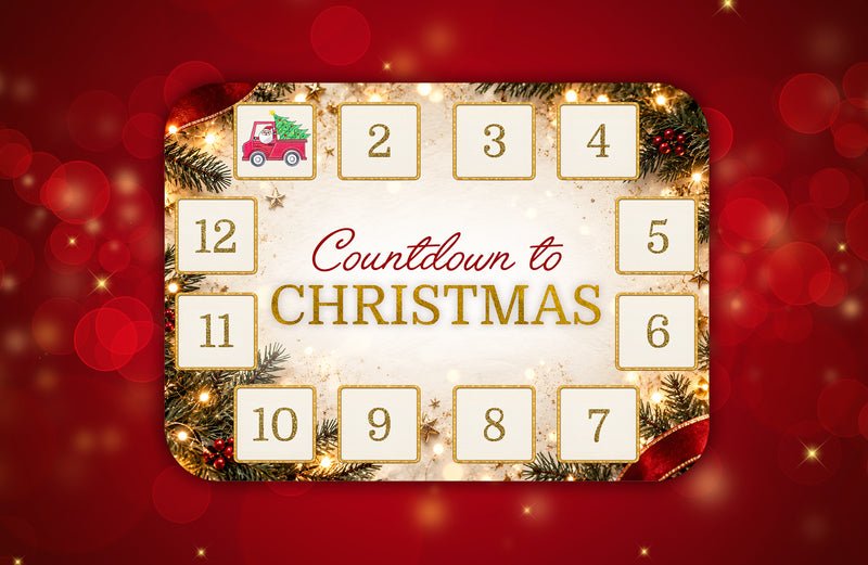 A festive Christmas advent calendar graphic with twelve numbered square boxes arranged in a circle around the words 'Countdown to CHRISTMAS' in red and gold lettering. The calendar has a gold border decorated with pine branches, lights, and red berries, set against a red background with glowing bokeh lights.