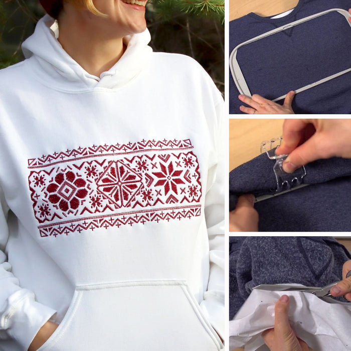 White hoodie featuring a red Nordic snowflake machine embroidery design, alongside step-by-step photos showing how to hoop, embroider, and trim fabric for a sweatshirt embroidery project.