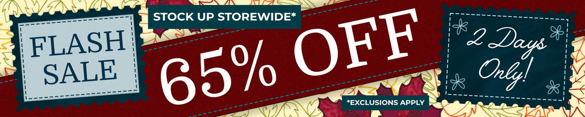 Sale banner with embroidered leaf pattern background in cream, green, orange, and red, featuring stitched text frames announcing "FLASH SALE," "65% OFF," and "2 Days Only!