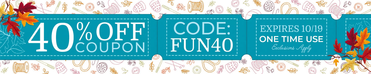 Embroidery Library 40% off coupon with code FUN40, featuring embroidered fall leaves, a fox, bluebird, and butterfly. Expires October 19. One-time use; exclusions apply.