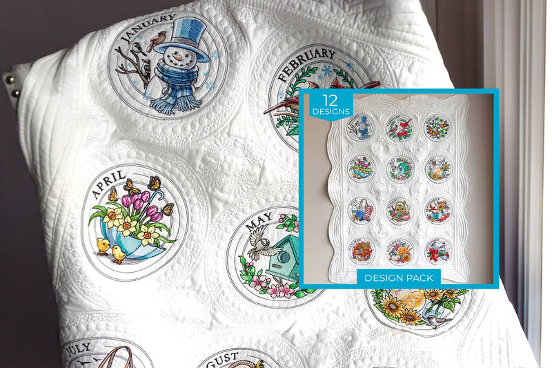 White quilt with machine embroidered months of the year stamps and a design pack inset.