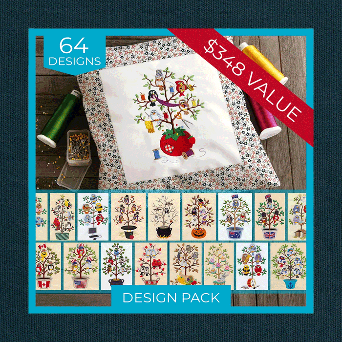 rotating images of various super saver design packs featuring a variety of machine embroidery styles and motifs.