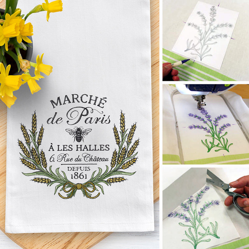 A collage of machine embroidery designs on a tea towel