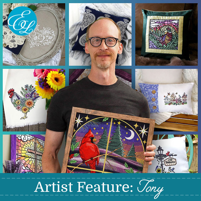 A collage-style promotional image featuring a man labeled 'Artist Feature: Tony' holding a framed stained-glass-style machine embroidery artwork with a red cardinal scene. Surrounding him are several craft or art product photos, including embroidered pillows, a decorative plate, flowers, and other textile/art pieces, all arranged in a blue grid layout.