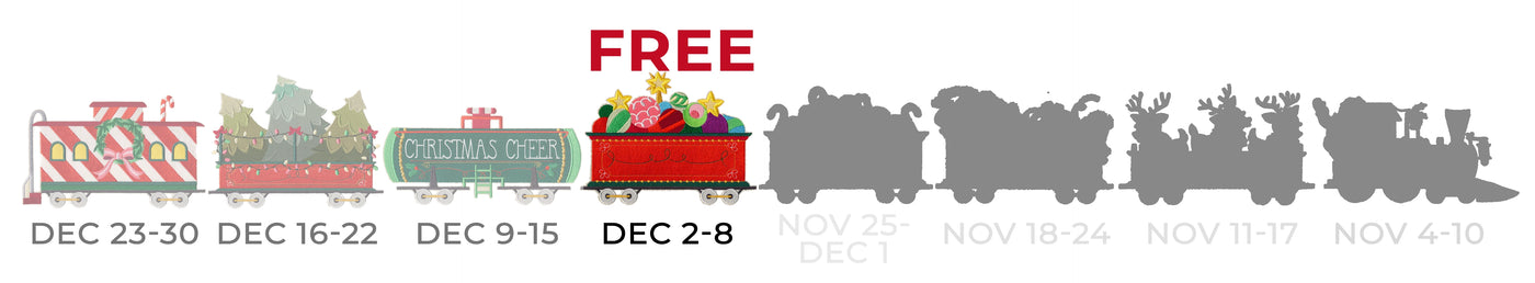 Train graphic with machine embroidery Christmas-themed carriages and a 'Free' label, with a grayed-out train below.
