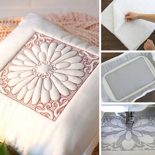 Collage showing a white decorative pillow with a red floral quilted design, alongside steps of making the pillow: placing a white fabric cover, using an embroidery machine, and a close-up of the finished floral pattern.