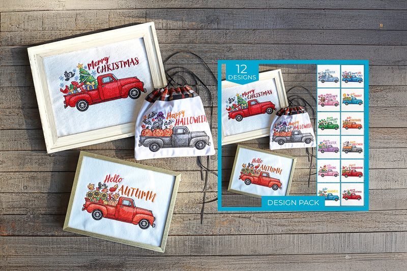 Set of machine embroidered month of the year retro trucks in frames, on bag and design pack insert 
