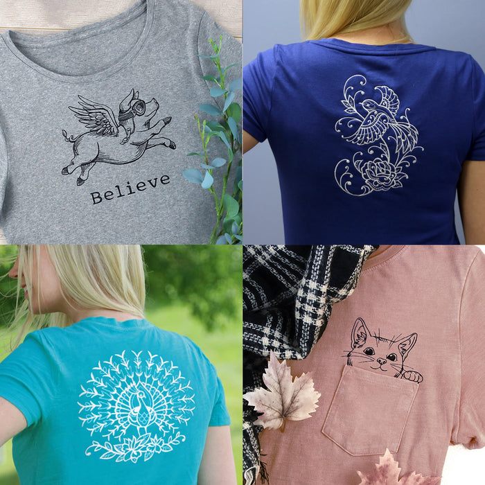 Four machine embroidered t-shirt projects featuring different colored t-shirts with various machine embroidery designs in featuring animal motifs.