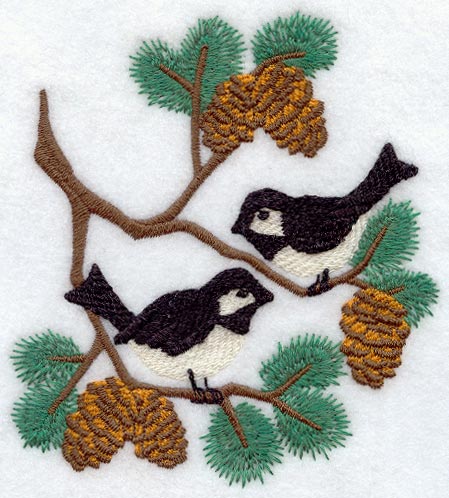 Chickadees and Pine Boughs (Thick Thread)