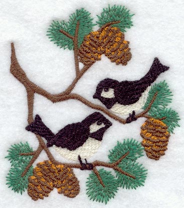 Chickadees and Pine Boughs (Thick Thread)