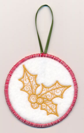 Filigree Holly and Berries Ornament (Goldwork) (In-the-Hoop)