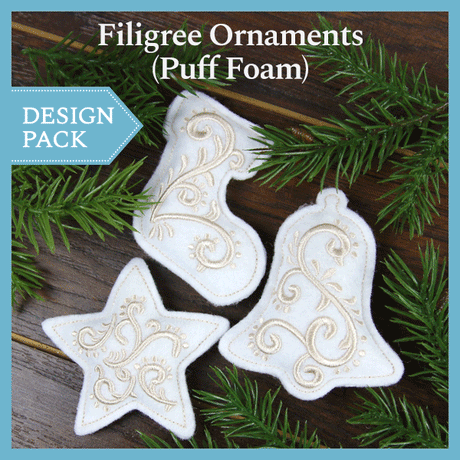 A Filigree Ornaments (Puff Foam) (In-the-Hoop) Design Pack