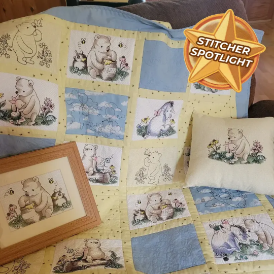Machine embroidery pooh and friends designs on quilt, pillow, and framed art. 
