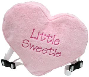Machine embroidered pink heart-shaped backpack with the text "Little Sweetie" on the front.
